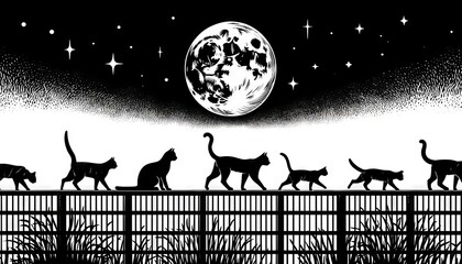 Illustration in black and white line art style of cats walking on a fence with the night sky and the moon in the background. - Powered by Adobe