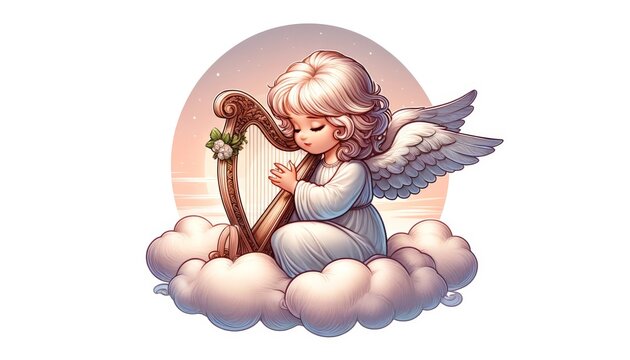A detailed illustration of a little angel sitting on a cloud, gently playing a harp.