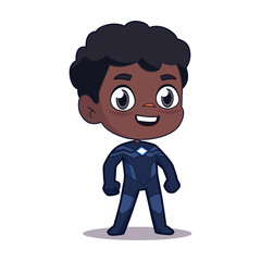 young african american boy superhero cartoon character vector illustration template design. amazing superhero costume standing pose.