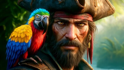 A close-up of a pirate's face with a colorful parrot perched on his shoulder.