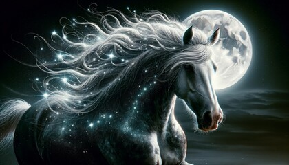 A close-up of a horse galloping under a moonlit sky, its mane and tail transforming into a cascade of stars.