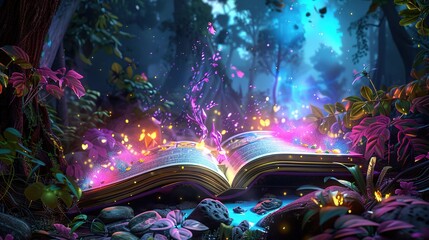 Glorious Open magic book with growing lights magic powder butterflies Magic book of elves
