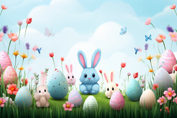 Obraz premium Colorful flat design doodle Happy Easter Eggs vector illustrations of bunnies, rabbits icons, decorated with flowers background