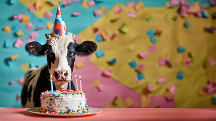 Photo of cow wearing a birthday hat in front of a birthday cake isolated on colorful background
