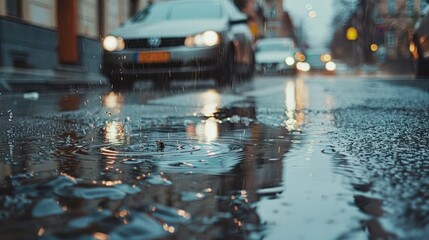 A rainy street with a car driving down it