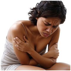 a woman with a painful shoulder sitting on a bed, transparent background png