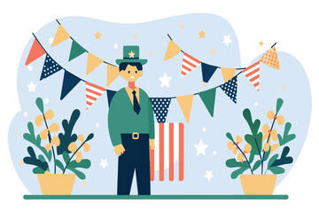 Man in a green suit smiling at a St. Patricks Day themed party