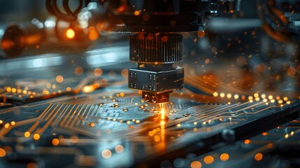 An advanced laser diagrammatic machine in action, with intricate circuit patterns being cut on metal plates with precision and speed. 