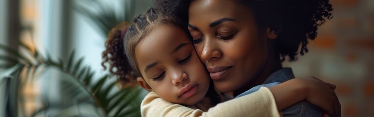 loving single black mother hugs cute daughter feel tenderness connection happy african mum caressing embracing little girl mommy kid cuddle warm relationships child custody foster care concept 