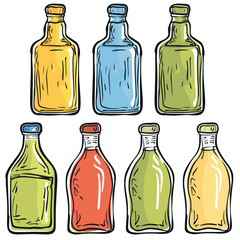 Handdrawn colored glass bottles, sketch, variety colors, beverage containers, cartoon illustration, isolated white background. Collection colorful bottles, artistic, creative design, vibrant hues