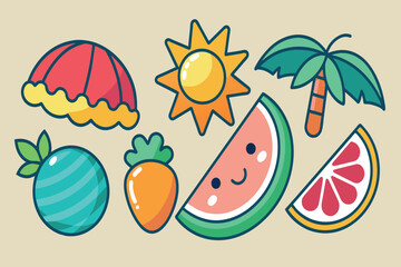 Assorted summer-themed stickers with fruits and beach icons on a pastel background