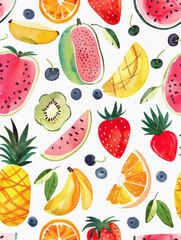 A vibrant display of various fruits including watermelon, pineapple, and kiwi in a watercolor style.
