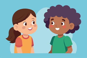 Cartoon kids talk, displaying cheerful expressions