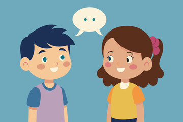 Two cartoon children chatting happily with a speech bubble overhead