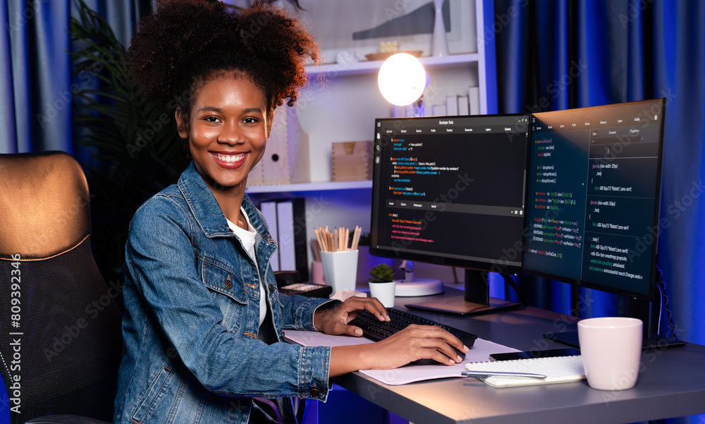 Poster young african wearing jeans shirt, it developer presenting program on computer screens displaying co
