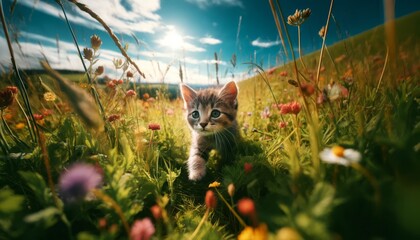 A kitten exploring a grassy field, with wildflowers around and a clear blue sky above.
