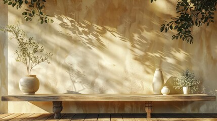 Organic Skincare Display on Wooden Counter with Leaf Shadow and Beige Wallpaper Background