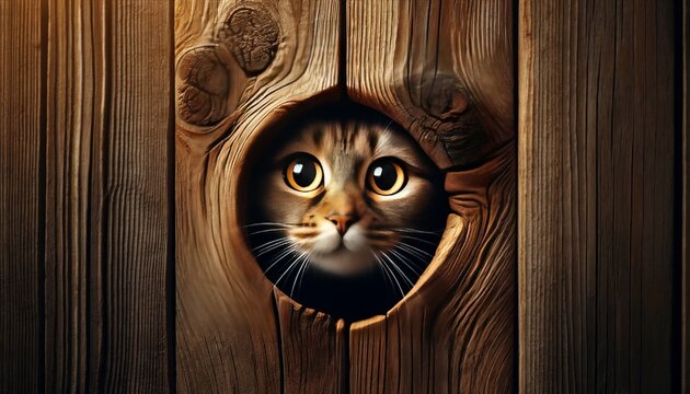A close-up image of a cat's face peeking through a knothole in a wooden fence.