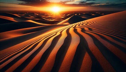 A detailed close-up of rippling sand dunes under a vibrant sunset. - Powered by Adobe