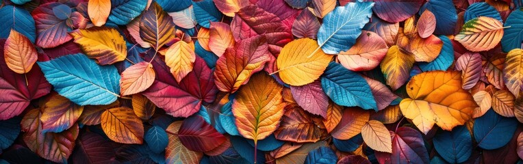 Colorful Autumn Leaves in a Wide Panoramic Background - Top View Texture Pattern