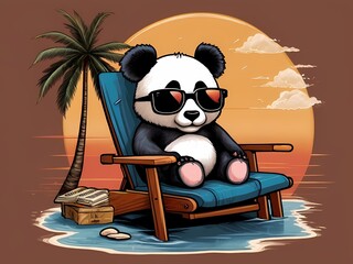 a laid-back panda in sunglasses, lounging effortlessly on a beach chair
