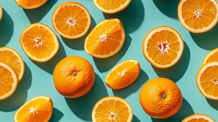 Bright and colorful pattern of oranges and slices, arranged from a top view on a cyan background, isolated and studio-lit