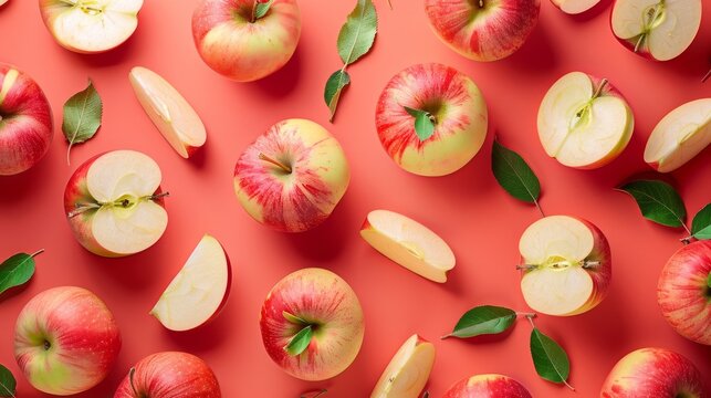Bright close-up of apples and slices arranged in a whimsical pattern, bright orange backdrop with a tiled, isolated style