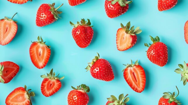 Bright and playful pattern of strawberry slices and whole strawberries, shot from above on a cyan blue background, isolated
