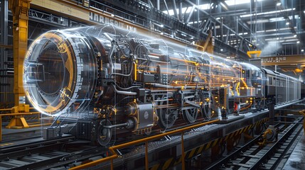 Fototapeta premium A digital rendering of an industrial train engine in the process of being made, with transparent holographic projections displaying its intricate mechanical components and networked wires.