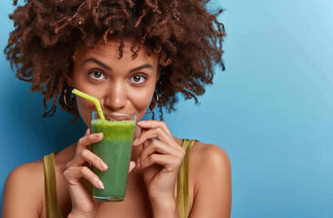 A woman sipping green juice through an isolated straw, her expression focused and determined as she toned up with the drink's health benefits