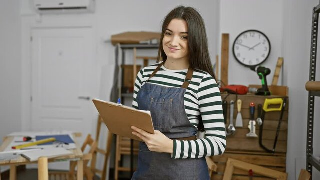 A young woman with long brunette hair, wearing a striped shirt and denim apron, smiles in a carpentry workshop while holding a clipboard.