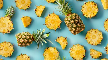 Detailed close-up of pineapples, both whole and sliced, playfully arranged on a cyan background, isolated under precise studio lighting - Powered by Adobe