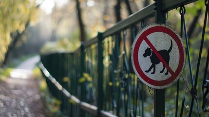 Sign indicating that dogs are not permitted attached to a barrier