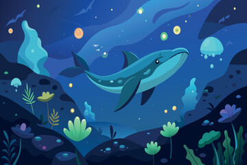 Obraz premium A whale glides through a moonlit underwater landscape, surrounded by marine life