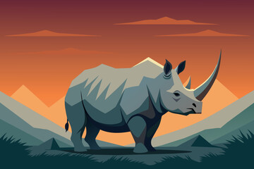 A solitary rhino stands at dusk with mountains and orange sky behind © PixelPaletteArt
