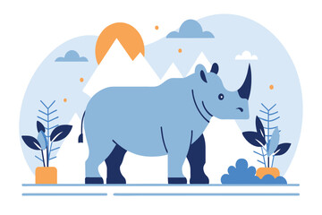 A stylized rhino stands before a mountain range under a dusk sky
