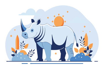 A rhino is depicted in a sunset scene with stylized plants and sun