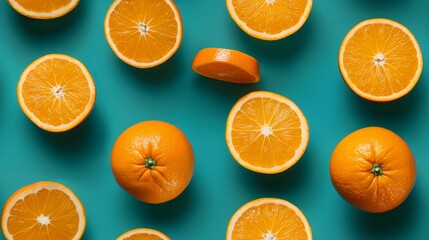 Creative top view of whole and sliced oranges, arranged in a striking pattern on a bright greenish-blue background