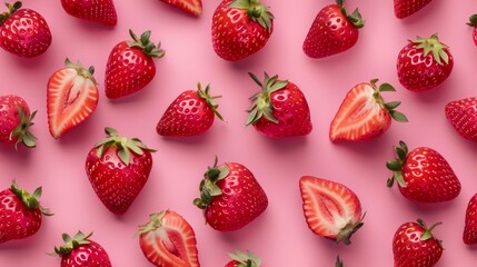 Creative pattern of strawberries, both whole and sliced, elegantly arranged on a bright pink pastel background under studio lights