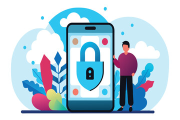 A person beside an oversized phone highlighting cybersecurity