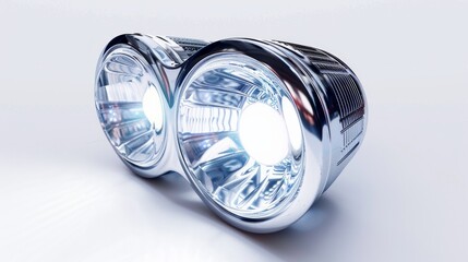 Stylish xenon right headlight of car - optical equipment with lamp inside on white isolated background. Spare part for auto repair in car workshop.