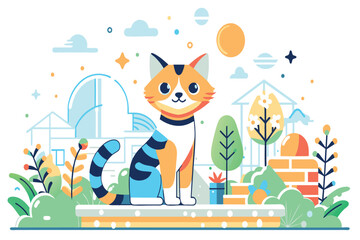 A cartoon cat among abstract city park elements under a sunny sky