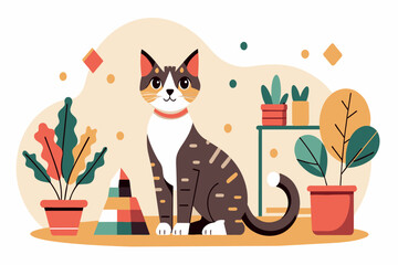 A spotted calico cat sits attentively next to houseplants and a striped cone