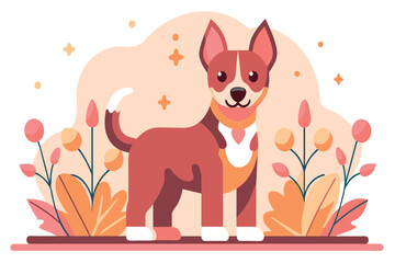 A stylized drawing of a happy dog with colorful flora and shimmering details