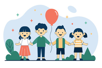 Fototapeta premium Cartoon kids holding hands and enjoying time together, one with a balloon