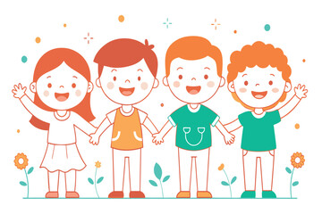 Four cartoon kids happily holding hands with flowers and stars around them