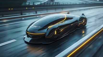 A futuristic electric vehicle concept, designed for highspeed travel. The car features aerodynamic curves with carbon fiber accents.
