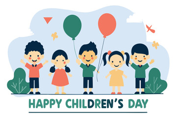 Fototapeta premium Four happy kids holding balloons and waving in a cheerful Childrens Day greeting