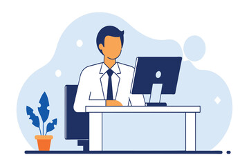 A businessman focuses intently on his computer screen