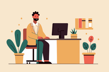 A man concentrated on work at his desk in a well-lit office